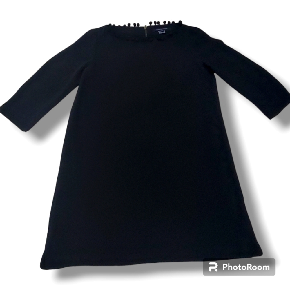 Black Mini Sheath French Connection Dress w/ 3/4" Sleeves and Pom-Pom Trim